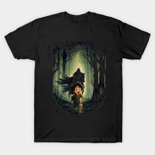 Dark Persuit - Halfling Fleeing from a Black Rider - Fantasy T-Shirt